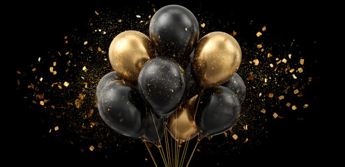 Naklejka premium Black background design with dark shiny balloons bunch and glitter gold confetti. Vector illustration.