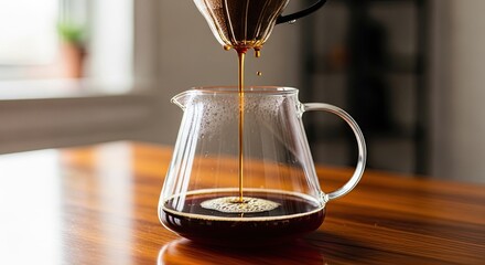 Pour Over Coffee Brewing into Glass Carafe on Wooden Table.