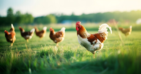 Des poules d'élevage en plein air se promenant dans une herbe verte luxuriante avec un arrière-plan flou avec faible profondeur de champ.
