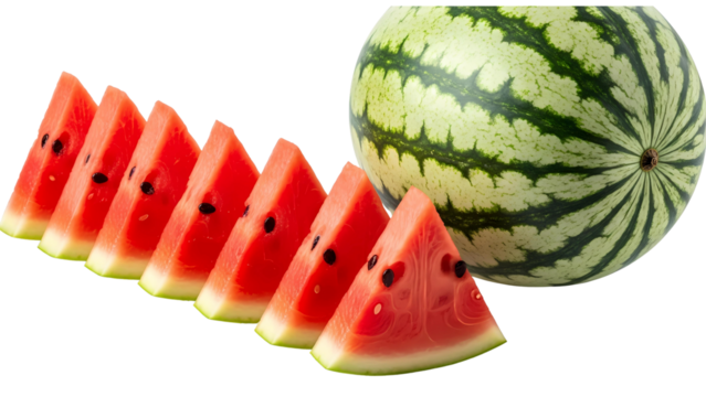 Fresh ripe whole watermelon and a row of juicy triangular slices isolated on a transparent background - Powered by Adobe
