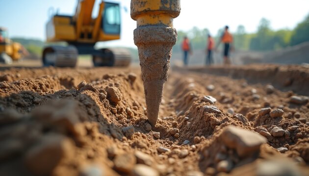 Drilling machine stuck in ground at construction site. Heavy machinery, construction workers present. Closeup probe used for core sampling soil earthworks, geological research. Civil engineering
