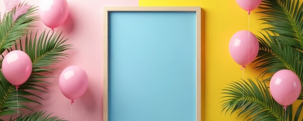 Festive background decor with pink balloons green leaves. Wooden blue frame on yellow pink backdrop. Celebratory design perfect for parties birthday celebrations or event invitations.