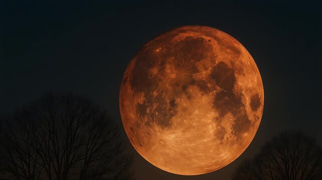 森の影に浮かぶ壮大な赤い皆既月食の瞬間