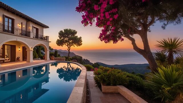 花々と海景色に囲まれたヨーロピアンデザインの邸宅