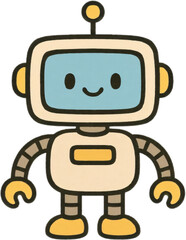 Naklejka premium A stylized robot vector drawn in black and white, with strong black outlines emphasizing its head, limbs, and body panels in a clean, tech inspired style. Cute smiling robot avatar icon.Generative AI