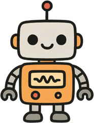 Naklejka premium A stylized robot vector drawn in black and white, with strong black outlines emphasizing its head, limbs, and body panels in a clean, tech inspired style. Cute smiling robot avatar icon.Generative AI