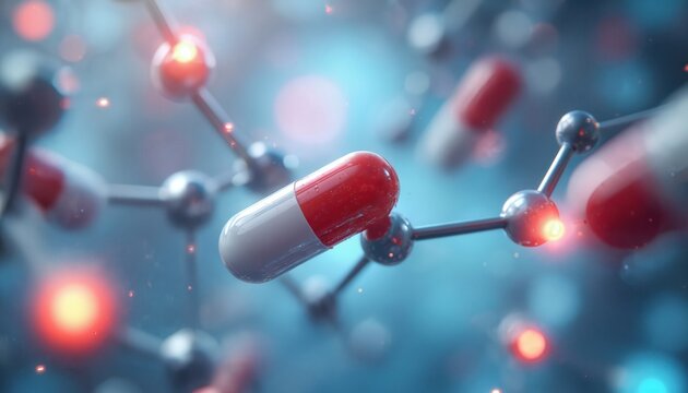Pills, drug research, medical science. Capsule interacts with molecular structure, blue background with red glowing lights. Scientific innovation, pharma discovery, health tech concept. Biotech