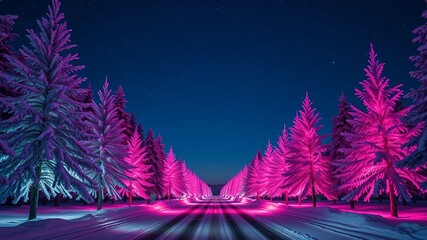 A captivating winter wonderland scene unfolds with vibrant magenta and purple lights illuminating snow covered trees beneath a deep blue star filled night sky landscape.