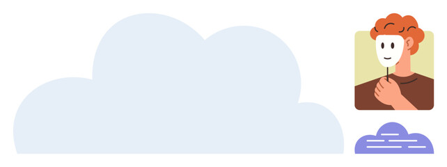 Person holding a mask beside a cloud icon, symbolizing self-discovery, transparency, personal growth, online persona, emotional clarity, individuality, and authenticity. A simple flat metaphor