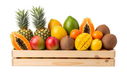 A wooden crate overflowing with a vibrant assortment of fresh tropical fruits on a transparent background