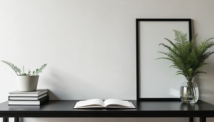 Fototapeta premium Minimalist black desk with stack of books and potted plant. Open book near a blank picture frame and fern in glass vase against white wall. Cozy home office workspace.