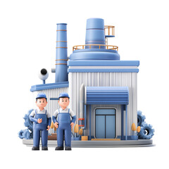 Cartoon factory with two workers standing in front isolated on transparent background manufacturing plant with smokestacks and gears
