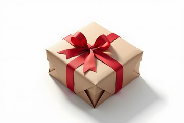 Fototapeta premium Kraft paper gift box with red ribbon on white