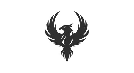 Stylized black phoenix emblem on white background for design and branding