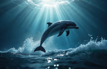 Fototapeta premium Bottlenose dolphin leaps from ocean waves. Sunbeams pierce blue water, illuminating marine mammal. Aquatic life jumps, splash, surface, play mid air. Ocean splash, sea creatures joy.