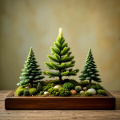 Discover this enchanting miniature forest scene with vibrant green trees and mossy ground. Evokes peace, nature, and tranquility, perfect for holiday themes.