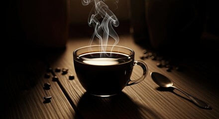 Steaming hot black coffee in a clear glass cup on a rustic wooden table.