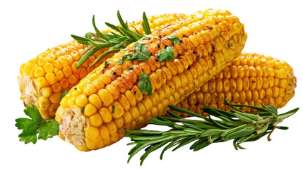American grilled corn with fresh herbs and seasoning on clean white isolated on a Transparent background, PNG file.