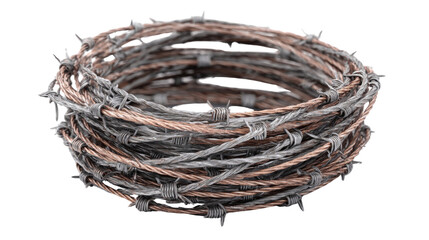 Barbed wire roll used in military zones, coiled tightly, isolated on a Transparent background, PNG file.