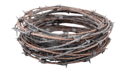 Barbed wire roll used in military zones, coiled tightly, isolated on a Transparent background, PNG file.
