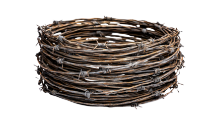 Barbed wire roll used in military zones, coiled tightly, isolated on a Transparent background, PNG file.
