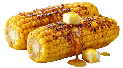 American grilled corn with seasoning and butter drip, background isolated on a Transparent background, PNG file.