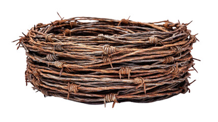 Barbed wire roll used in military zones, coiled tightly, isolated on a Transparent background, PNG file.