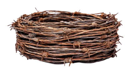 Barbed wire roll used in military zones, coiled tightly, isolated on a Transparent background, PNG file.
