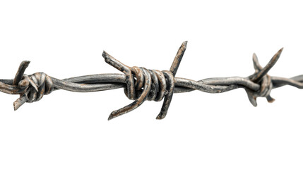 Barbed wire with twisted wire core and sharp projections, clean white isolated on a Transparent background, PNG file.