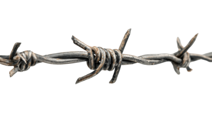 Barbed wire with twisted wire core and sharp projections, clean white isolated on a Transparent background, PNG file.