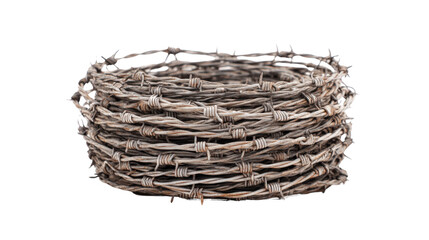 Barbed wire roll used in military zones, coiled tightly, isolated on a Transparent background, PNG file.