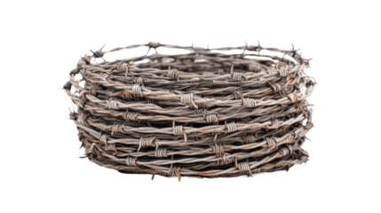 Barbed wire roll used in military zones, coiled tightly, isolated on a Transparent background, PNG file.