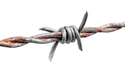 Barbed wire with twisted wire core and sharp projections, clean white isolated on a Transparent background, PNG file.