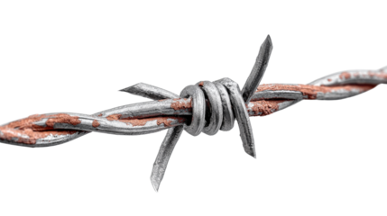 Barbed wire with twisted wire core and sharp projections, clean white isolated on a Transparent background, PNG file.
