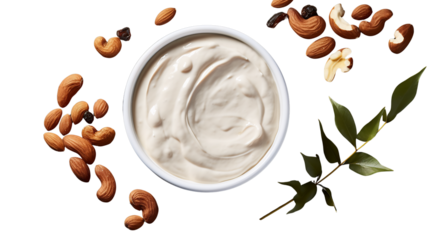 Bowl of creamy yogurt with cashews and green leaf isolated on transparent background