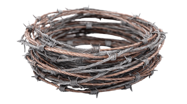 Barbed wire roll used in military zones, coiled tightly, isolated on a Transparent background, PNG file.