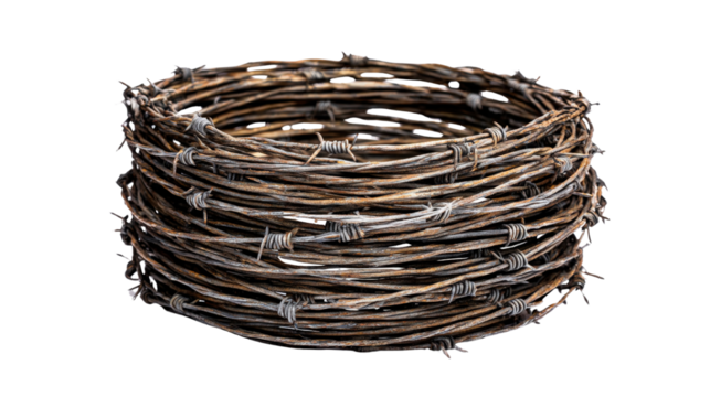 Barbed wire roll used in military zones, coiled tightly, isolated on a Transparent background, PNG file.