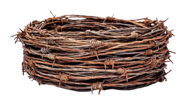 Barbed wire roll used in military zones, coiled tightly, isolated on a Transparent background, PNG file.