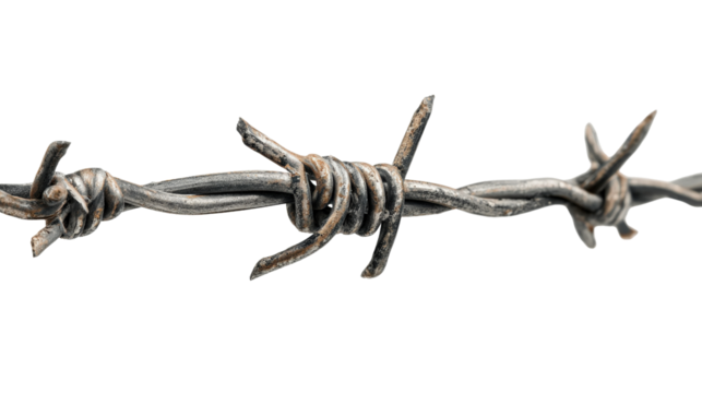 Barbed wire with twisted wire core and sharp projections, clean white isolated on a Transparent background, PNG file.