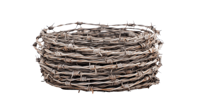 Barbed wire roll used in military zones, coiled tightly, isolated on a Transparent background, PNG file.