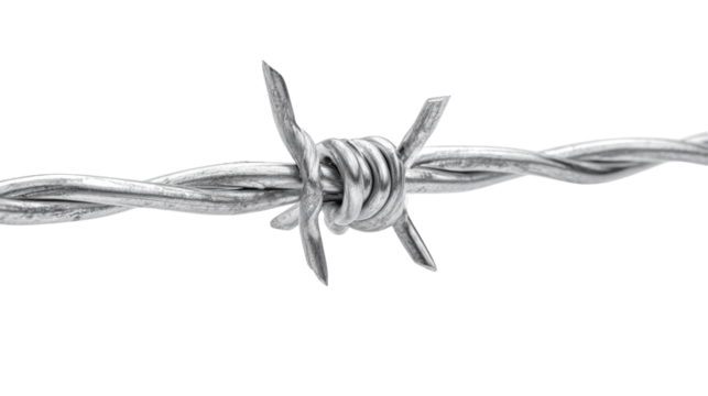 Barbed wire with twisted wire core and sharp projections, clean white isolated on a Transparent background, PNG file.