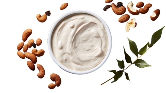 Bowl of creamy yogurt with cashews and green leaf isolated on transparent background
