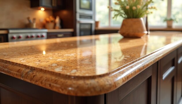 Polished granite countertop displays unique warm brown beige stone pattern and veining. Modern kitchen island surface gleams showing rich texture detail. Luxury home interior design.