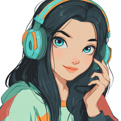 A cute cartoon girl with headphones listening to music, isolated on transparent background she is smiling and enjoying the sound