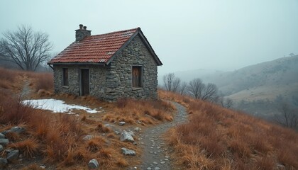 Abandoned stone cabin sits on hill with dry grass and patchy snow. Cobblestone path winds around rustic building in remote wilderness landscape. Bare trees and foggy hills complete scene.