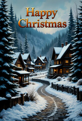 Experience the magic of Christmas with this idyllic winter village scene. Cozy cabins nestled in snow-covered mountains evoke warmth and holiday cheer.