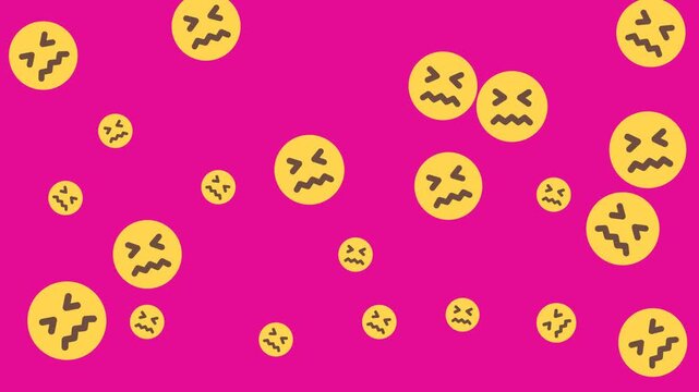 Many yellow distressed emojis on a pink background, suitable for adding emotion to social media posts, presentations, and designs.