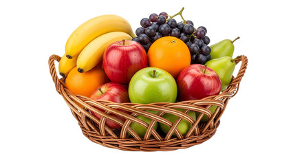 Wicker basket full of fresh assorted fruits like apples, bananas, and grapes on a transparent background