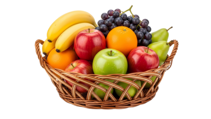 Wicker basket full of fresh assorted fruits like apples, bananas, and grapes on a transparent background