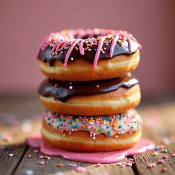 Stack of three colorful donuts on wooden surface. One donut has pink icing with colorful sprinkles. Other donuts have chocolate glaze. Baked sweet dessert food concept.